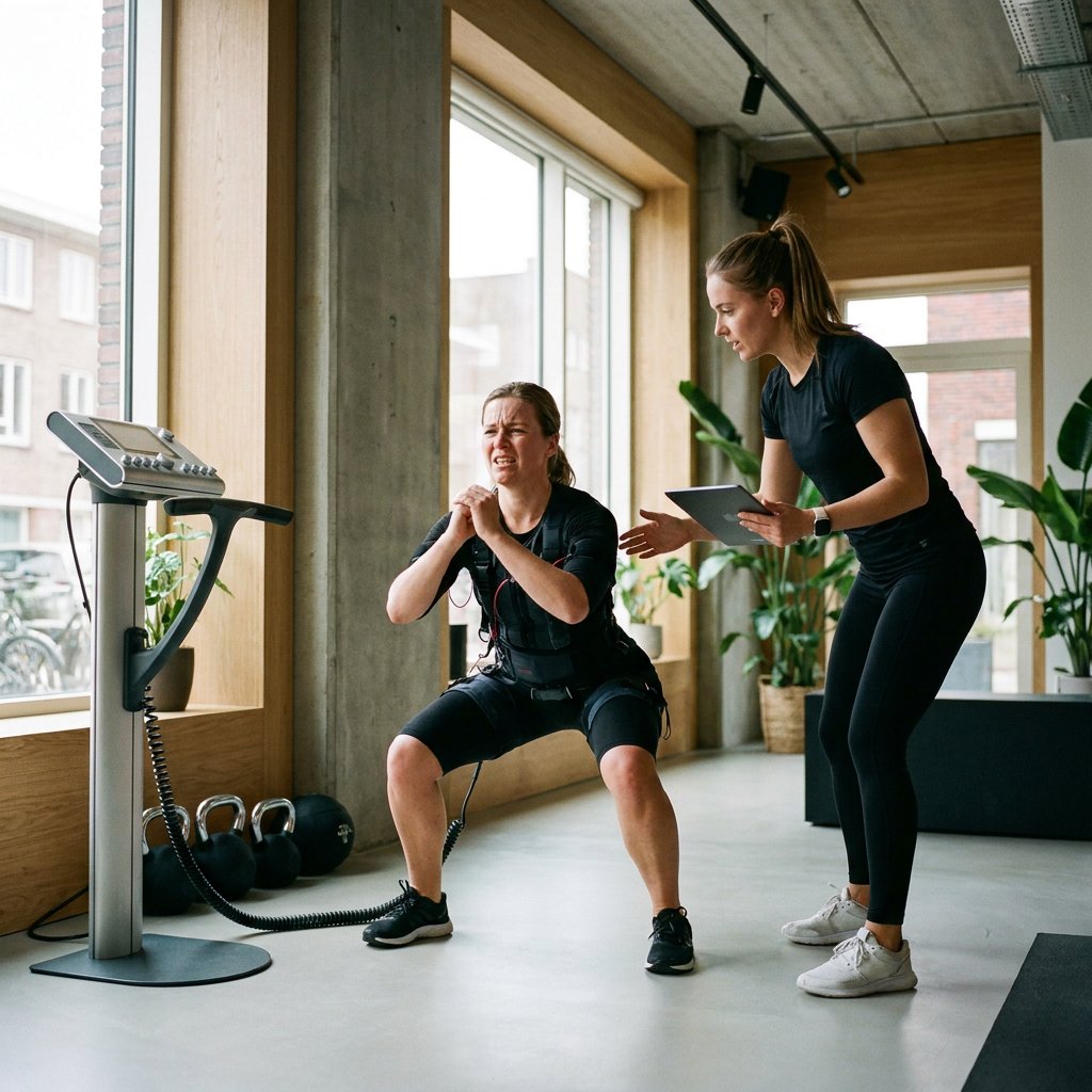 Sporter in EMS-pak traint onder begeleiding van een coach in een moderne Nederlandse studio, met geconcentreerde blik en helder daglicht.