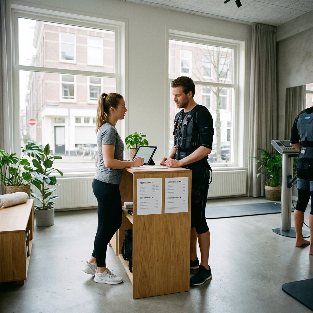 Trainer en klant bekijken abonnementsopties in een moderne EMS-studio, met trainingspak, tablet en heldere prijsinformatie op tafel.