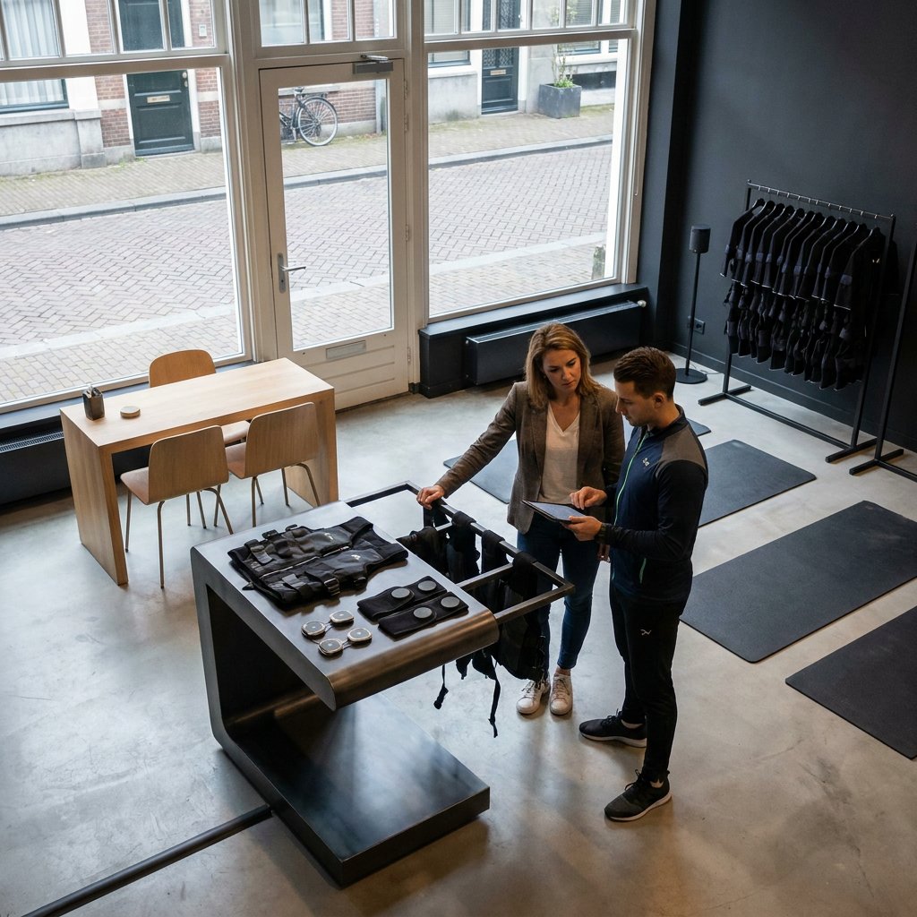 Ondernemer bespreekt de opstelling van een moderne EMS-studio met trainer naast professionele apparatuur in een lichte, strak ingerichte ruimte.