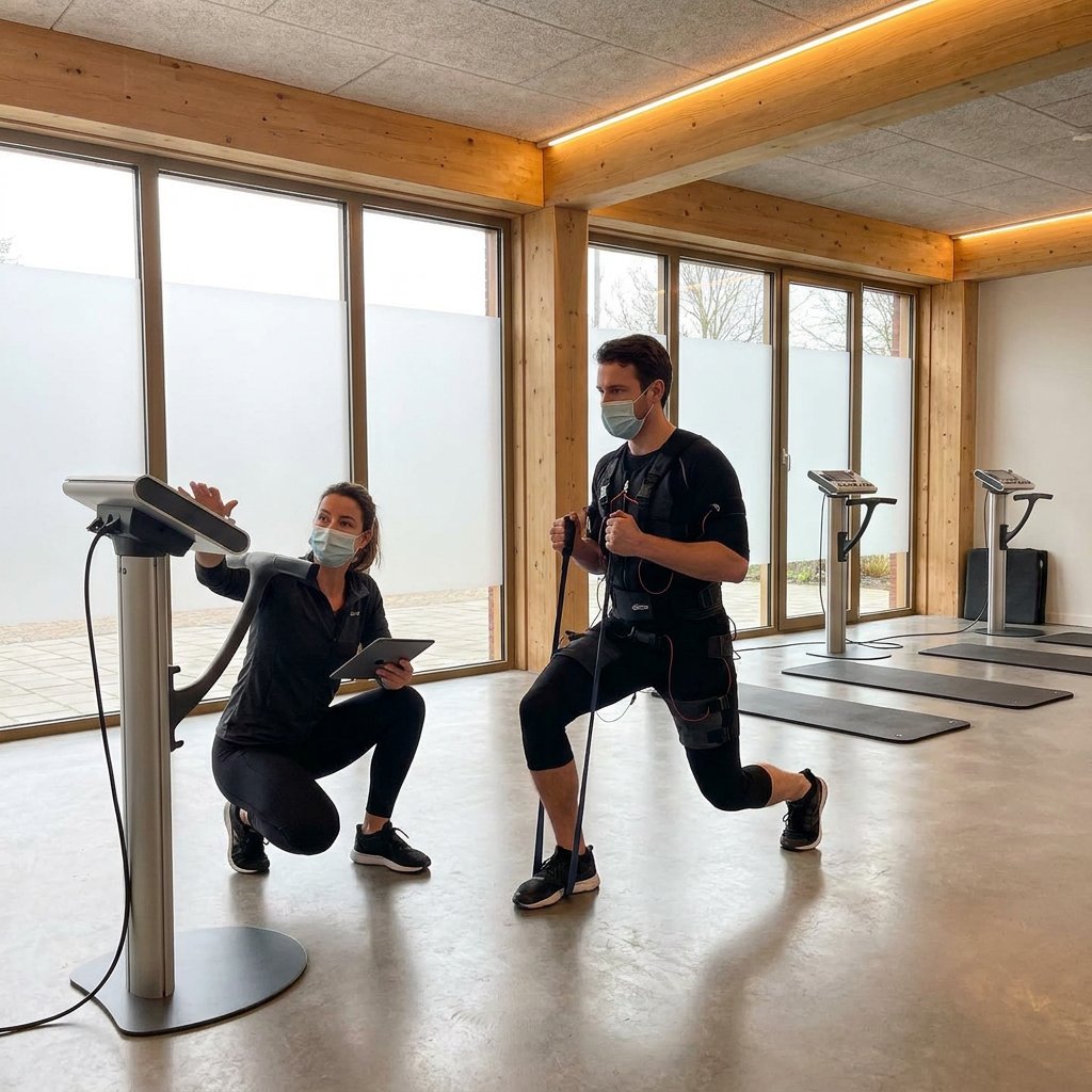 Trainer begeleidt een cursist in EMS-pak tijdens een praktijksessie in een moderne Nederlandse studio met lichte apparatuur en professioneel daglicht.