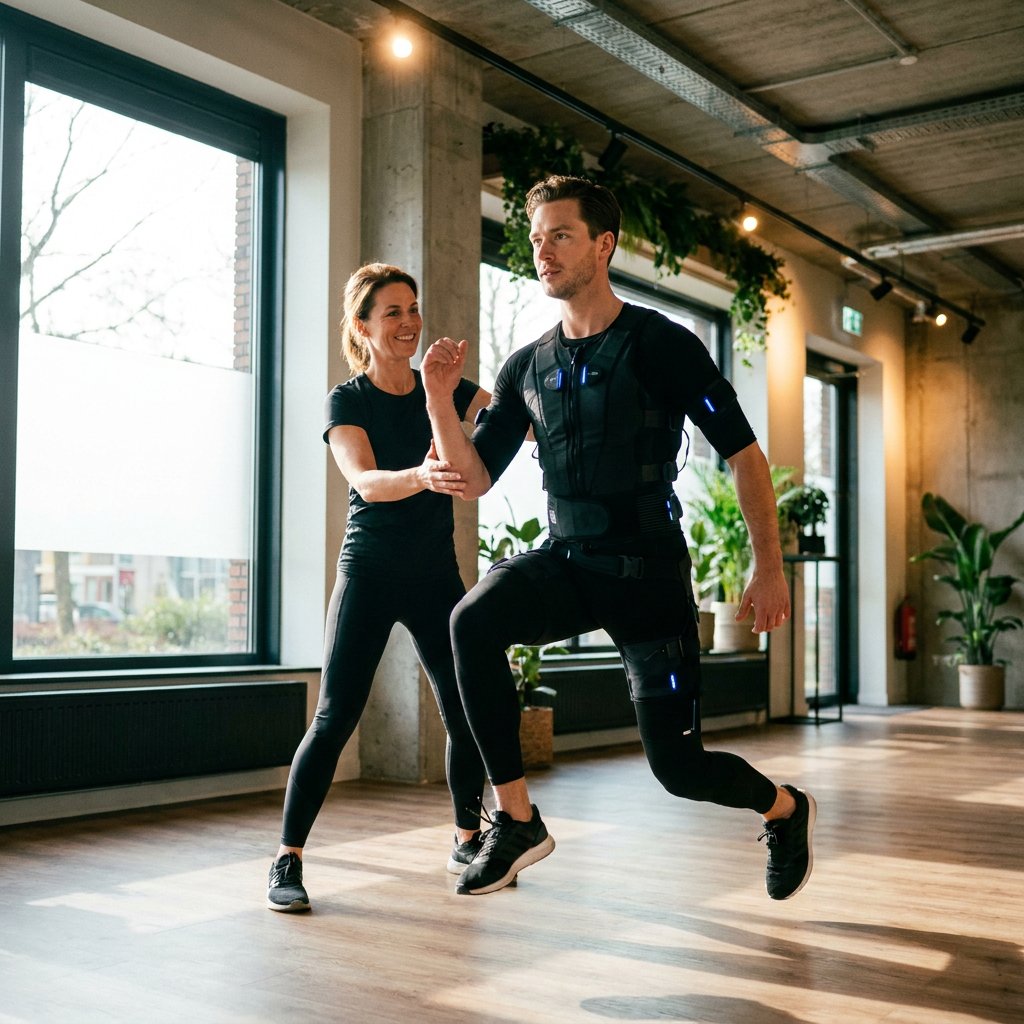 Trainer begeleidt sporter in draadloos EMS-pak tijdens dynamische full-body oefening in moderne Nederlandse boutique fitnessstudio.