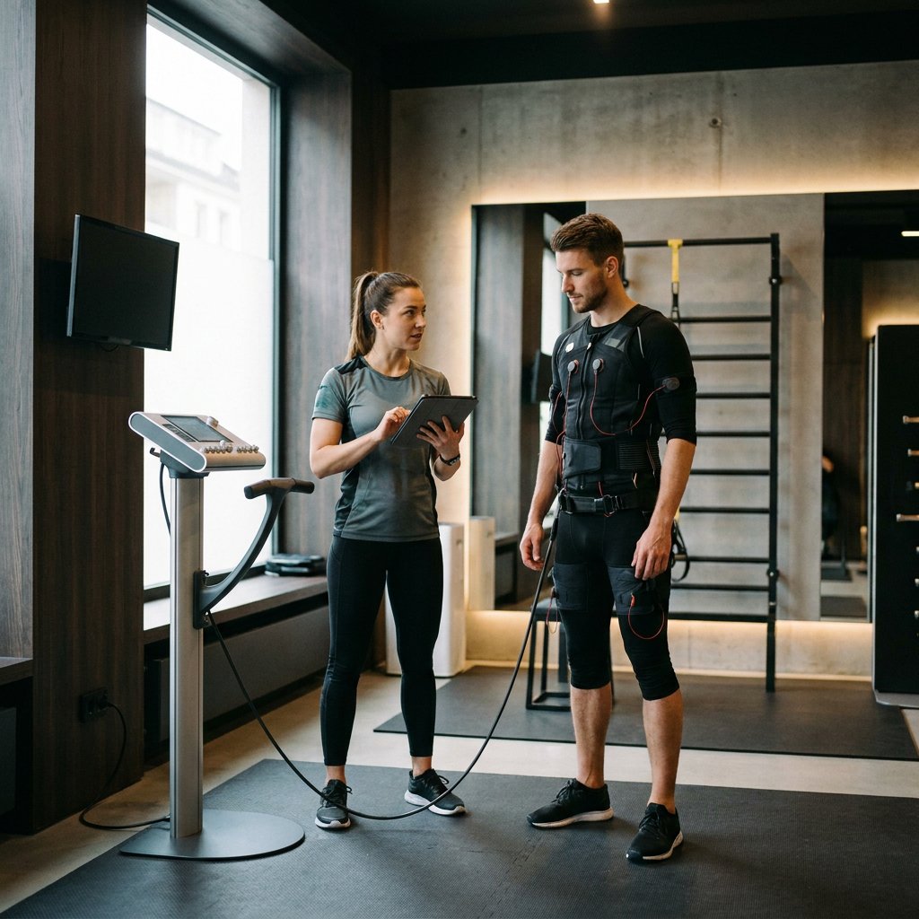 Trainer stelt een draadloos EMS apparaat in naast een sporter in EMS-pak, in een moderne premium studio met zacht daglicht en strakke apparatuur.