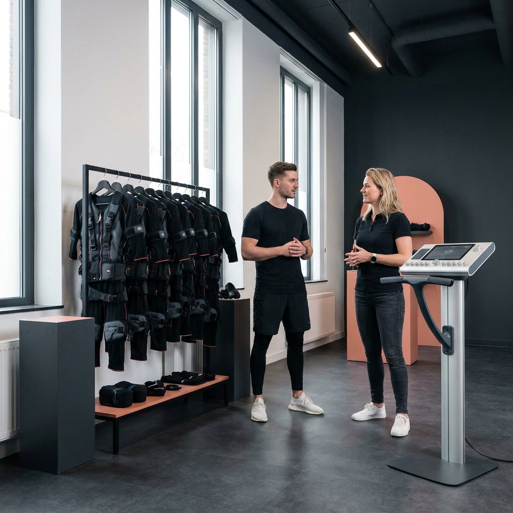 Moderne EMS-studio met trainer en ondernemer bij draadloze trainingsapparatuur, pakken en tablet in een premium ruimte met warme lichte accenten.
