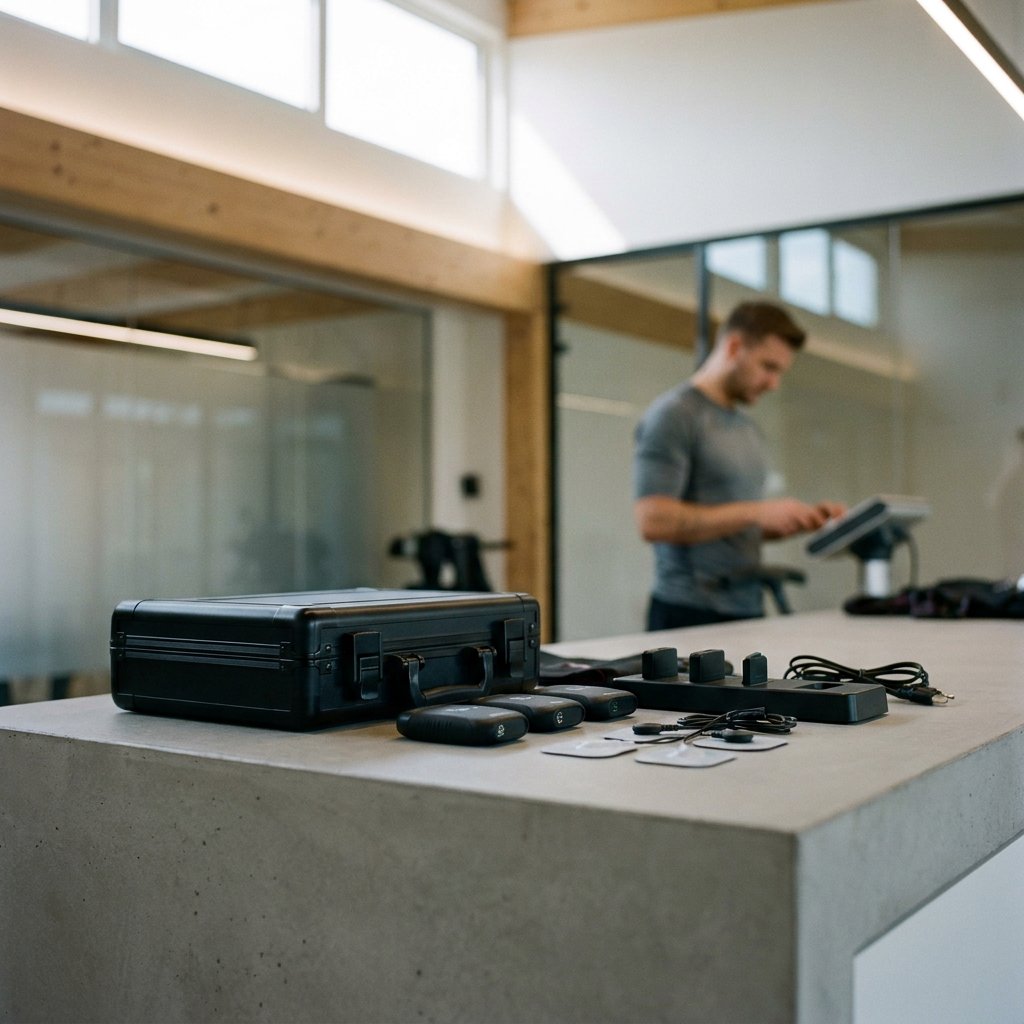 Close-up van een EMS batterij naast draadloze trainingsmodules op een nette fitnessstudio-balie, met trainer op de achtergrond in zacht daglicht.