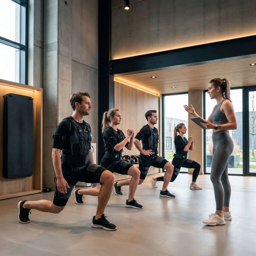 Moderne EMS-studio met trainer en kleine groep sporters in draadloze suits tijdens een begeleide sessie, strak belicht en professioneel ingericht.