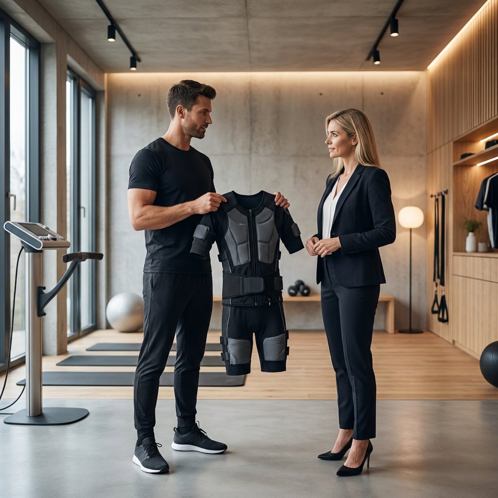 Professionele EMS-trainer toont een draadloos droog EMS-pak in een moderne studio, met premium apparatuur en heldere, uitnodigende belichting.