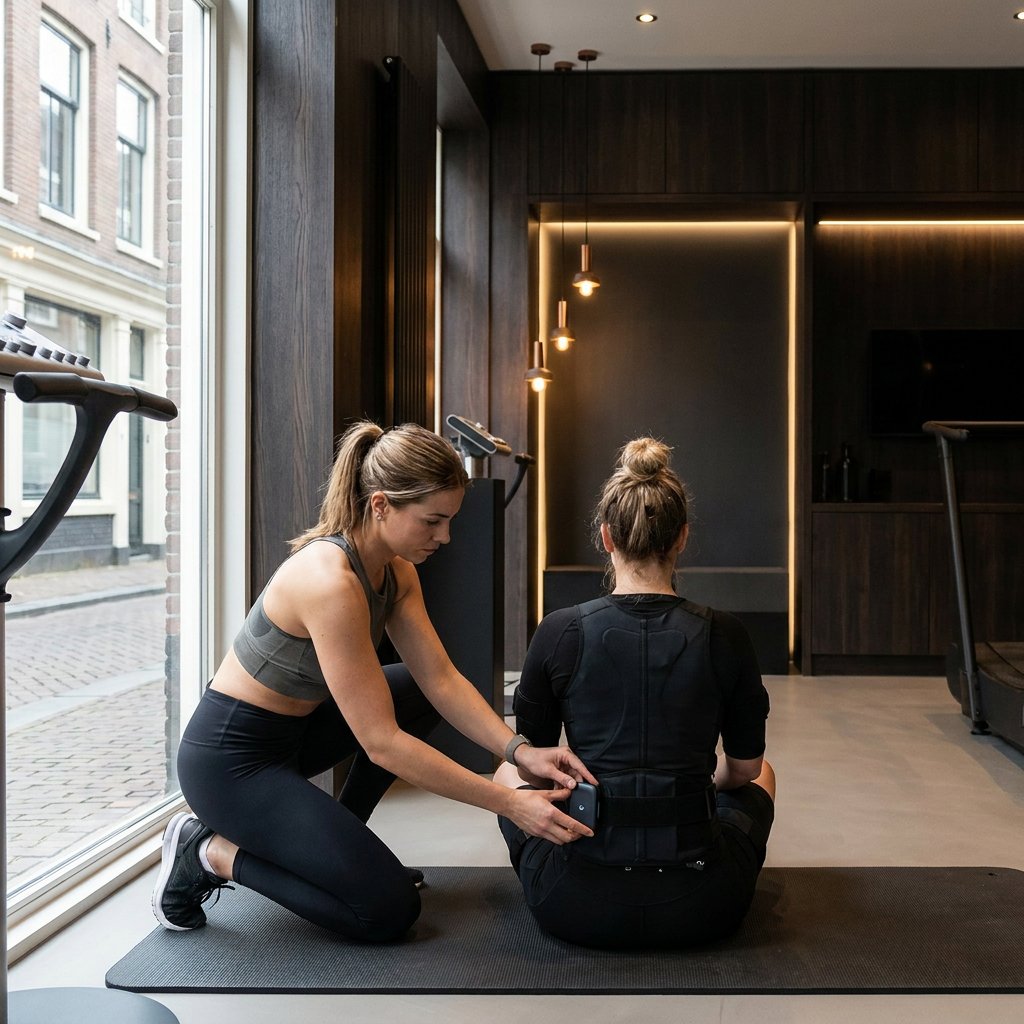 Personal trainer begeleidt een klant met draadloos EMS personal training apparaat in een premium studio met moderne apparatuur en warme belichting.
