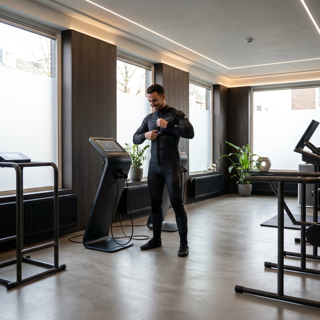 Trainer in a sleek drysuit prepares for EMS training in a modern Dutch fitness studio, with premium equipment, soft daylight and a focused atmosphere.